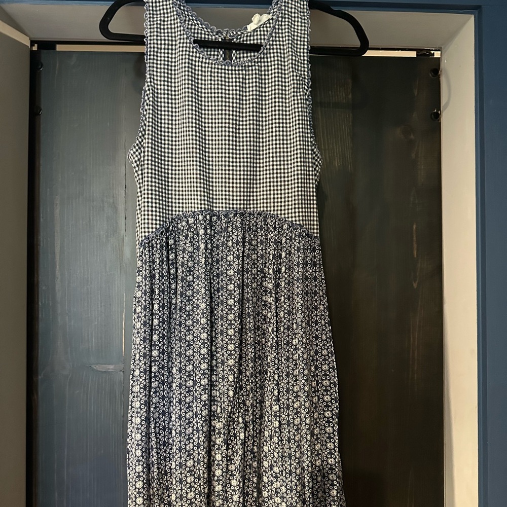 ODDY Navy and White Checkered Floral Midi Dress